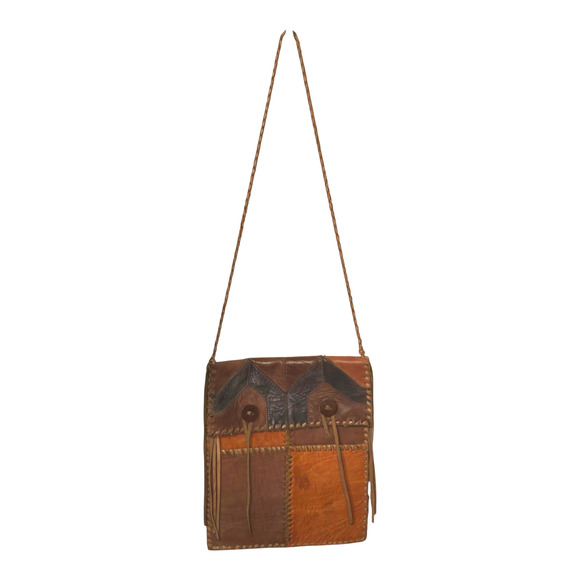 Char Handbags - Vintage Char Crossbody Purse Handmade Leather Patchwork Braided Strap Boho